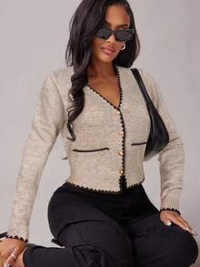 Radiana Áo khoác cardigan dệt kim cổ chữ V kiểu Pháp, mẫu mới mùa thu, đa năng. - Màu be - Xem 5