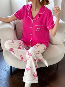 SHEIN Napfluff 女士荷叶边火烈鸟图案开衫短袖上衣和长裤睡衣套装 - 玫紅色 - 查看 3