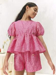 Puff Sleeve Blouse With Elastic Waist Shorts Textured Two Piece Set Girls Summer Outfit Festive Occasionwear