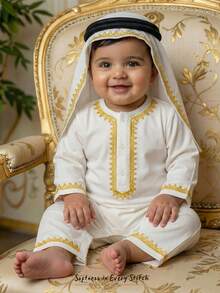 Cozy Pixies Baby Jungen Traditionelles Muster Stehkragen Langarm Jumpsuit Baby Jungen Vintage Blumenmuster, geeignet für formelle Anlässe, Geburtstagsfeiern, Raves, Galas, Aufführungen, Hochzeiten, Monatsfeiern, Taufen und 1. Geburtstagsfeiern - Weiss - Übersicht 4