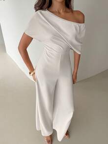 Aloruh Women's New Solid Color Jumpsuit, Oblique Shoulder Design, Wide Leg, Simple & Elegant, Suitable For Commuting, Office Wear - Apricot - View 7