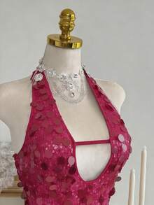 Elamini Đầm dự tiệc ngắn gợi cảm đính hạt, buộc dây dành cho nữ, thích hợp cho mùa Thu/Đông. - Màu Hồng Tươi - Xem 5