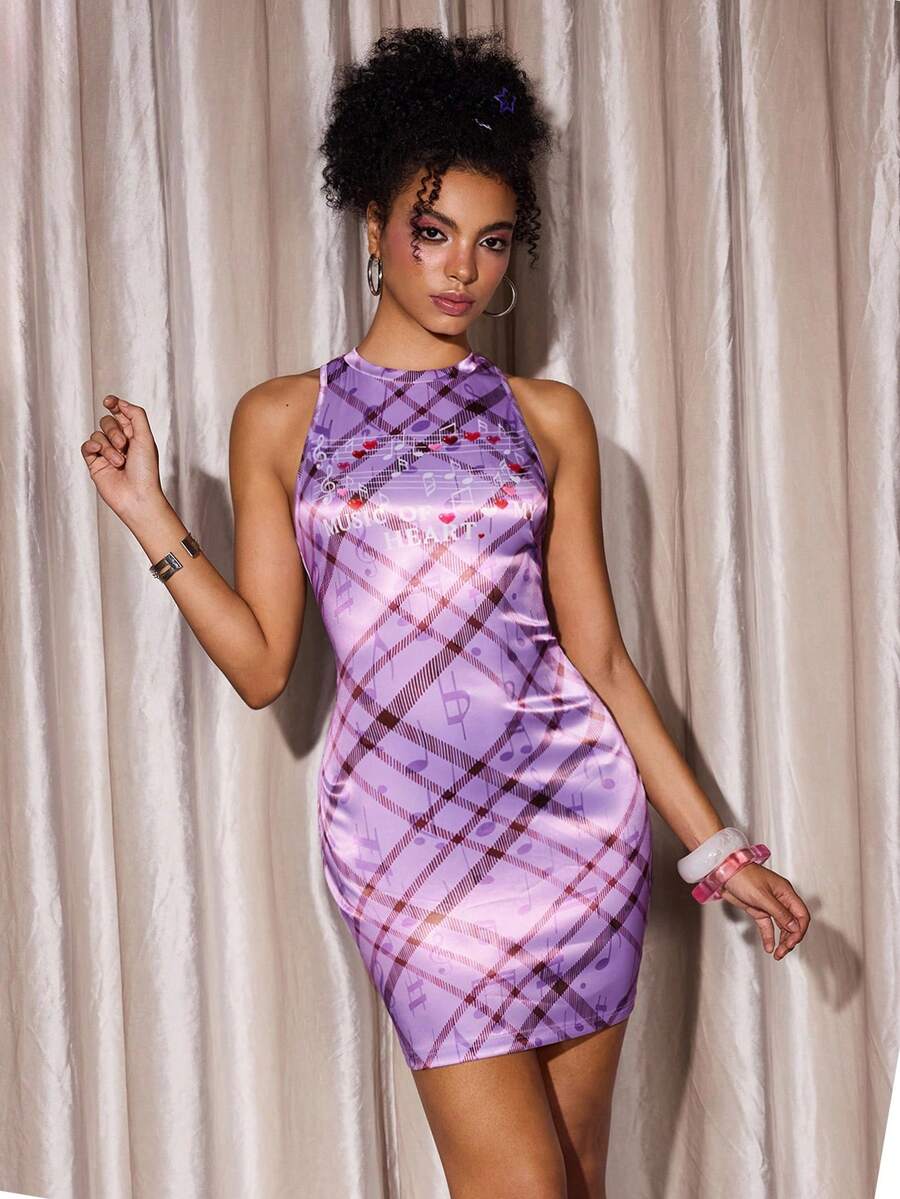 Y2Kool Maria Clara Maia Purple Plaid Music Note & Heart Y2K Girly Casual Mini Dress, Suitable For Autumn/Winter Parties, Holidays, Valentine's Day, And Daily Wear - Purple - View 1