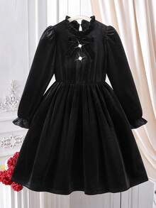 Elladie kids Đầm maxi dài tay màu đen thanh lịch, kiểu dáng cổ điển dành cho bé gái tuổi teen, đính nơ 3D giả ngọc trai, tay phồng và cổ áo xếp ly, thích hợp cho các dịp lễ, Giáng sinh, Halloween, tiệc sinh nhật, mùa xuân và mùa thu. - màu đen - Xem 3
