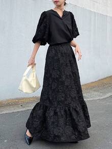 FRIFUL 女士提花弹力腰荷叶边下摆优雅A字裙 - 黑色 - 查看 5