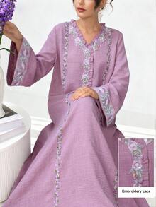 SHEIN Najma Váy Ả Rập tay dài xếp nếp viền ruy băng chắp vá cổ chữ V viền loe cho nữ - Màu tím - Xem 1