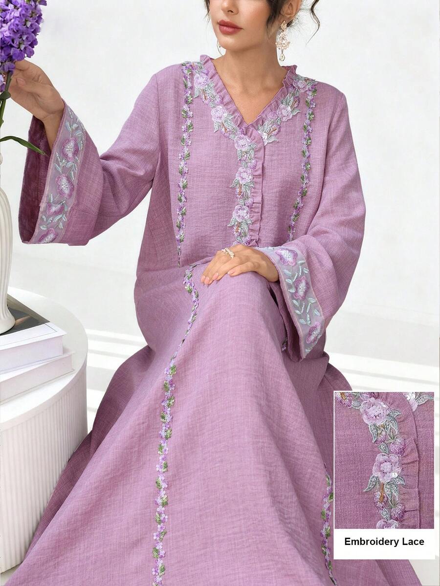 SHEIN Najma Váy Ả Rập tay dài xếp nếp viền ruy băng chắp vá cổ chữ V viền loe cho nữ - Màu tím - Xem 1