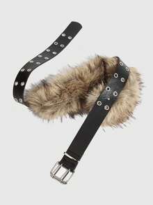 ROMWE Hippie 1pc Punk Style Furry Patchwork Belt, Y2K Fashion Double Air Vents Leather Belt, Personalized Decoration Accessory - Multicolor - View 2