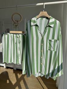 Comfortcana 大码女装两件套，新款秋季绿色条纹印花长袖上衣和短裤套装，休闲女装，女式衬衫套装，夏季衬衫，夏季女装 - 綠色 - 查看 5