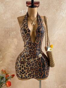 Soleia 春夏新款休闲度假西部海滩婚礼宾客礼服毕业早午餐连衣裙，圣帕特里克节春假复活节音乐节优雅波西米亚热带风情豹纹露背吊带派对迷你连衣裙 - 彩色 - 查看 1