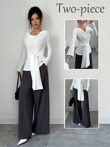 SHEIN Elenzya Bộ 2 món: Áo thun cổ tròn, eo bó và quần dài thường ngày - Xám - Xem 1