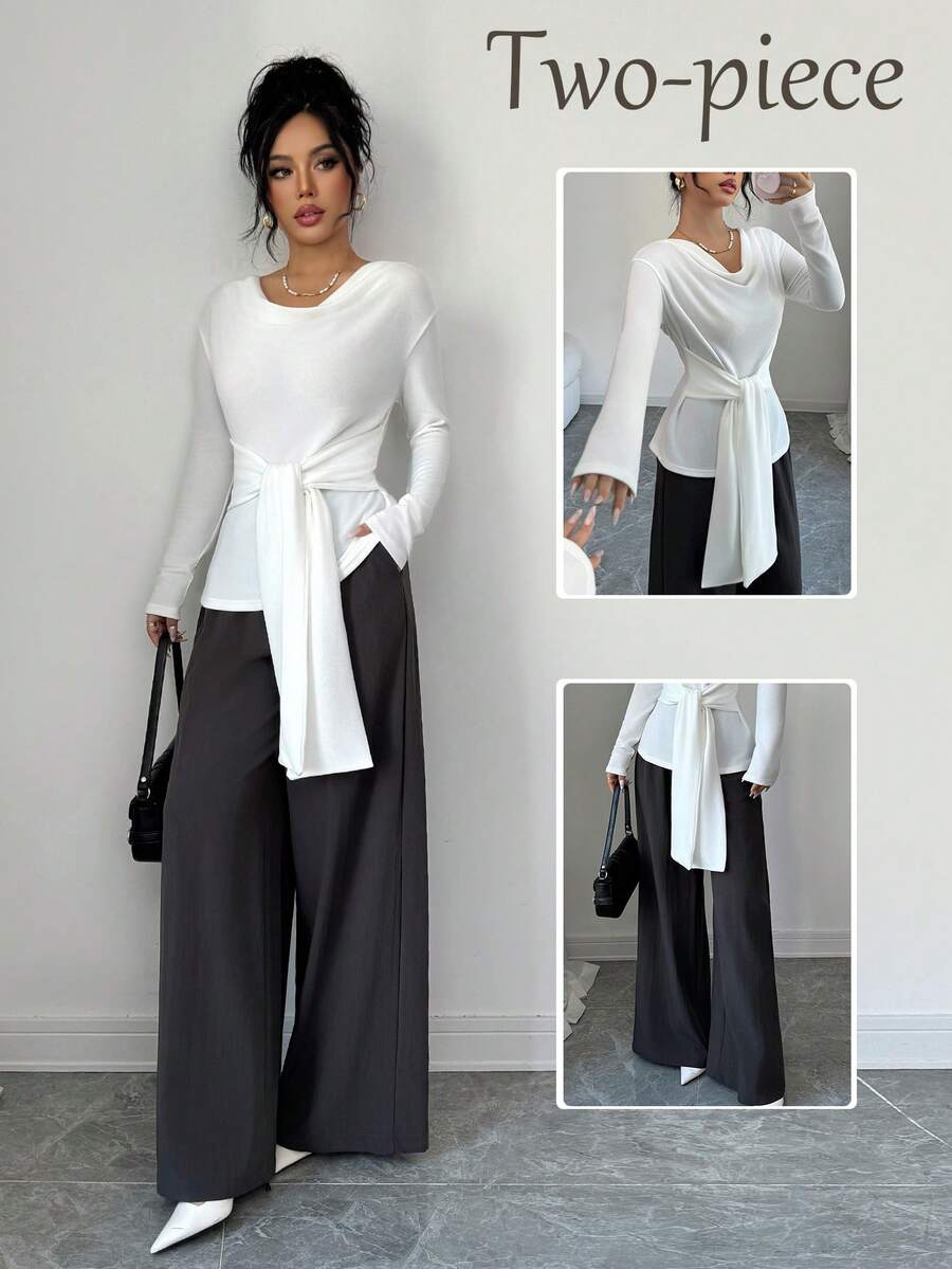 SHEIN Elenzya Bộ 2 món: Áo thun cổ tròn, eo bó và quần dài thường ngày - Xám - Xem 1