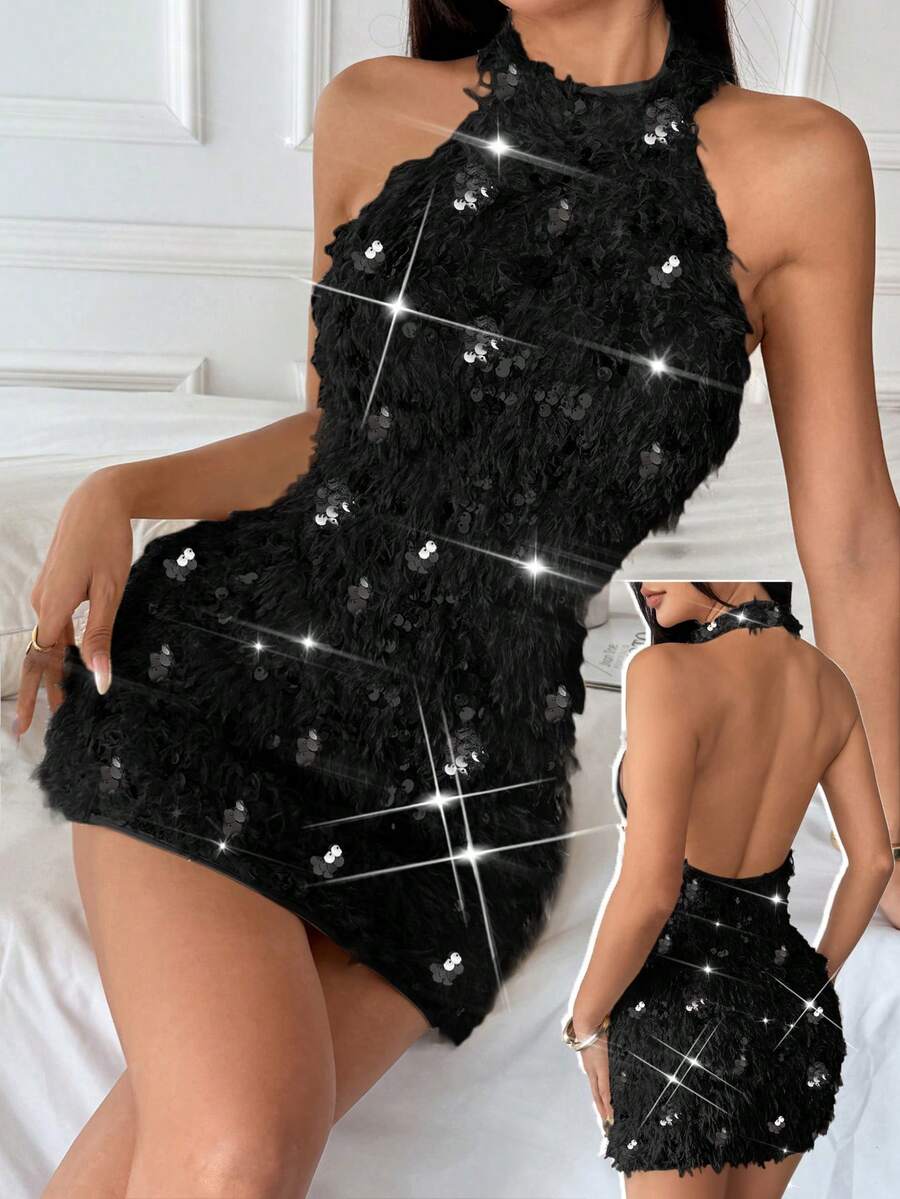 Rafferiza Đầm ôm sát không tay, màu mơ, cổ yếm, co giãn, gợi cảm dành cho nữ/Hẹn hò/Tiệc tùng/Hộp đêm/Đường phố/Halloween/Ngày Valentine/Sinh nhật/Mùa xuân/Hè/Thu/Đông. Đầm ngắn mới, trang phục mùa thu cho nữ, đầm dự tiệc cưới, đầm dự tiệc, đầm đính sequin, đầm thanh lịch, trang phục đi nhạc đồng quê, đầm sang trọng cho tiệc tùng, đầm cưới cho khách dự đám cưới, đầm Halloween, Giáng sinh, mùa đông. - màu đen - Xem 1