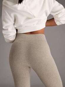 SHEIN BAE 女士高腰纯色无缝喇叭形瑜伽紧身裤 - 卡其色 - 查看 8