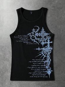 ROMWE MEN Men's Round Neck Sleeveless Fashion Printed Gothic Print Tank Top - Black - View 8