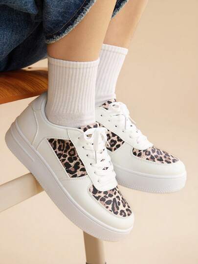 SHEIN X Lucía Bellido CUCCOO EASI Women's Fashion Casual Leopard Print Lace-Up Sports Shoes