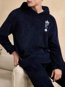 EverLounge 男士皇冠刺绣毛绒连帽衫和裤子睡衣套装 - 寶藍色 - 查看 6