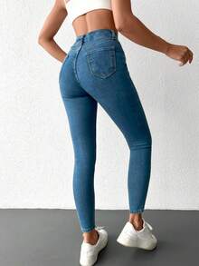 SHEIN 96% Cotton High Waist Ripped Skinny Jeans Tall - Blue - View 2