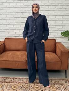 DAZY 可爱波点纹理面料褶皱荷叶领女士睡衣套装 - 藍色 - 查看 3