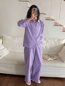 DAZY Casual Plaid Contrast Trim Women Pajama Set - Purple - View 6