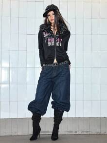 ROMWE Avant Áo nỉ có mũ, dáng rộng, lót giữ nhiệt, in khẩu hiệu châm biếm. - màu đen - Xem 2