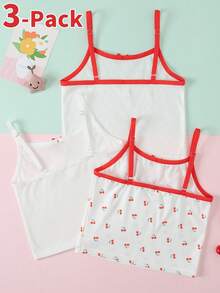 3件套女童吊带背心，爱心樱桃印花，可爱简约设计，棉混纺面料 - 彩色 - 查看 2