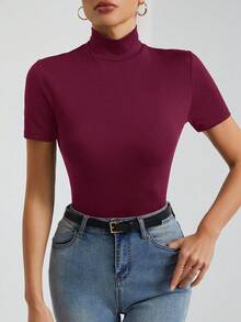 SHEIN Tall Áo thun nữ cổ cao tay ngắn màu đen trơn cơ bản - Màu đỏ tím - Xem 6