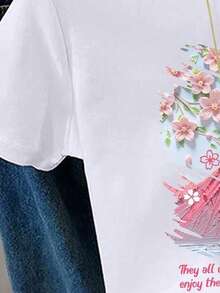 Teenage Girls' Short Sleeve Round Neck Printed Casual T-Shirt, Fitted Slim Waist, Cropped Tee, Suitable For All Seasons, Spring/Summer, Suitable For Outings, Japanese Mount & Cherry Blossom Photo Pattern Daily Versatile White T-Shirt, Casual For Spring, Summer, Autumn, Winter Sakura T-Shirt Women T-Shirt Cherry Blossom T-Shirt T Shirt For Teen Girl Cute Flower T-Shirt - White - View 4