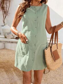 SHEIN Maternity Clothes Maternity Dress Leisure Vacation Summer Green Single-Breasted Collar, Pocket, Casual And Comfortable Maternity Dress, Summer Casual Style, Pure Cotton Fabric. Women's Button-Front Dress, Pure Cotton Summer Dress, Summer Dress With Pockets, Summer Casual Dress, Sleeveless Dress. - Green - View 4