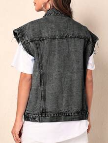 SHEIN PETITE Women's Single-Breasted Loose Casual Denim Jacket With Dolman Sleeves - Black - View 8