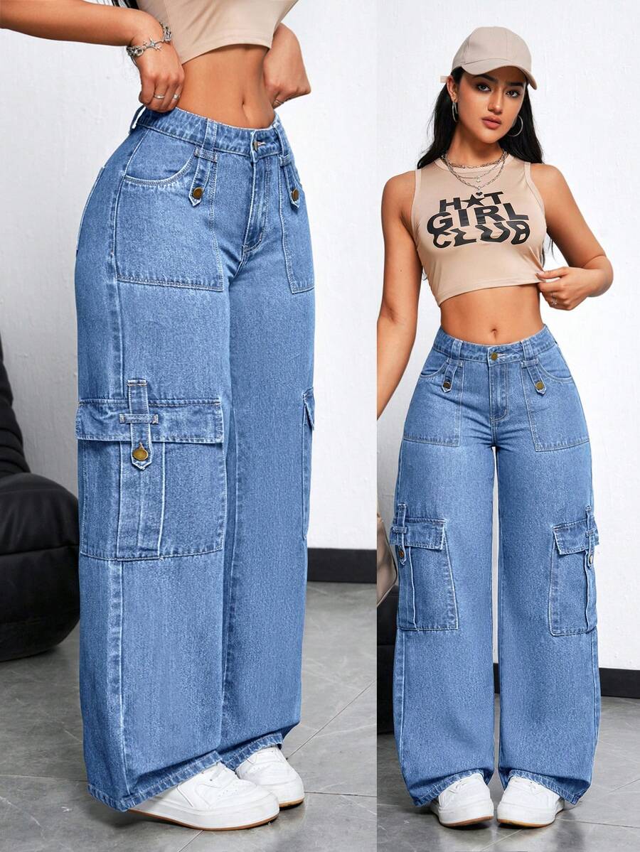 SHEIN Tall Quần jeans nữ ống rộng, kiểu dáng thường ngày, đa năng, có túi nắp và cúc cài phía trước. - Màu xanh lam - Xem 1