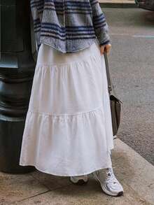 DAZY Women's Summer Vacation Solid Color Textured Ruffle Hem A-Line Skirt - White - View 3