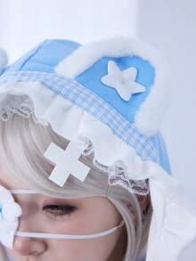 ROMWE EDITION Áo sweatshirt nữ dễ thương phối màu viền ren hình tai gấu 2D - Màu xanh lam - Xem 10