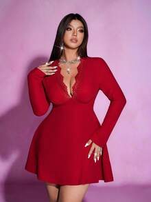 Viva Relle Valentine Plus Size Red Solid V-Neck Lace Trim Flare Hem Mini Dress - Burgundy - View 2