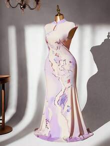 DreamSkyne Áo vest dệt kim thanh lịch và váy dài ôm dáng dành cho nữ cỡ lớn, màu tím nhạt. - Màu tím hoa cà - Xem 3