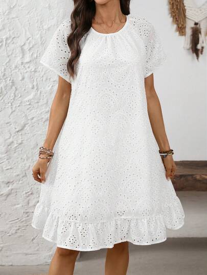 EMERY ROSE Women's Casual Hollow Out Embroidery Mini Dress For Vacation Casual Dresses For Women Boho  Vacation Dresses  Vacation Outfits For Women Holiday Outfits   White Dresses For Women Elegant Dresses For Wome White Eyelet Dress White Casual Dress White Cotton Dress Boho White Dress White Lace Dress Women