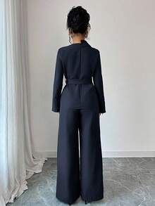 SHEIN Elenzya Women's Solid Color Long Sleeve Asymmetric Hem Shirt With Waist Buckle Design And Wide Leg Pants Elegant 2 Pieces Set - Navy Blue - View 2