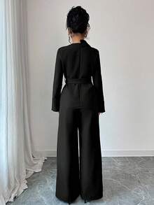 Elenzga 女士纯色长袖不对称下摆衬衫，腰部配有搭扣，搭配阔腿裤，优雅两件套 - 黑色 - 查看 2