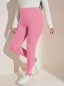 SHEIN LUNE Quần legging nữ cỡ lớn, màu trơn, cạp chun, kiểu dáng thường ngày, lót giữ nhiệt. - Hồng - Xem 3