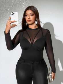 Viva Relle Áo liền thân không tay phối lưới gợi cảm, thanh lịch, màu trơn, cỡ lớn, phù hợp mặc hàng ngày và hẹn hò. - màu đen - Xem 6