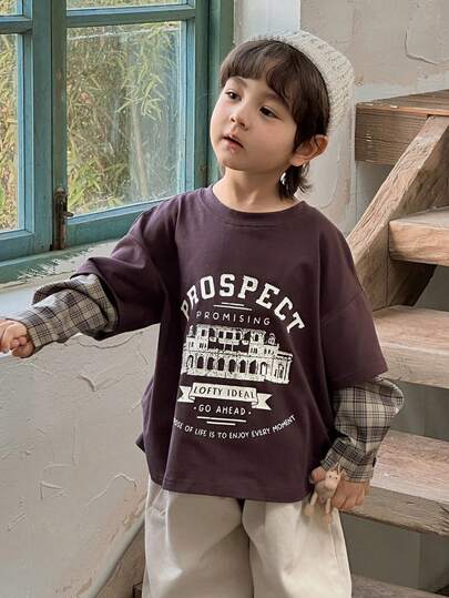 DAZY Young Boys Loose Fit Round Neck T-Shirt, Plaid Sleeve & Letter Print, Casual, Autumn Spring