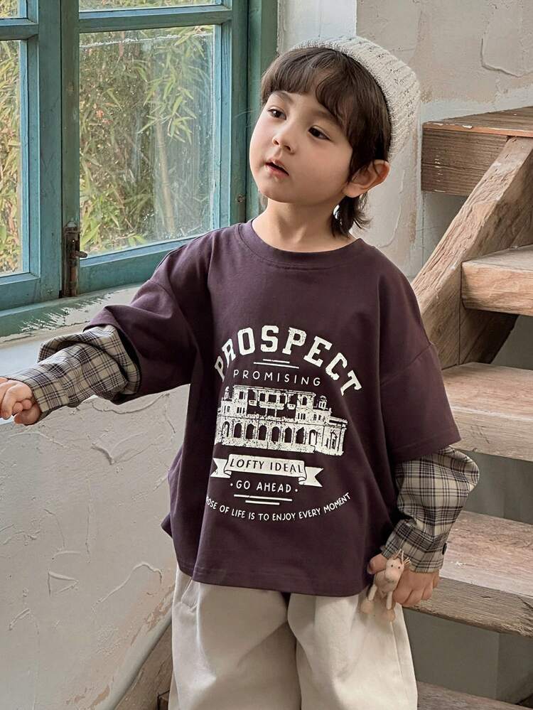 Young Boys Loose Fit Round Neck T-Shirt, Plaid Sleeve & Letter Print, Casual, Autumn Spring Long Sleeve Tops Girl