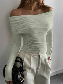 DAZY Camiseta ajustada de hombros descubiertos para mujer, nueva llegada de otoño/invierno - verde menta - Ver 4