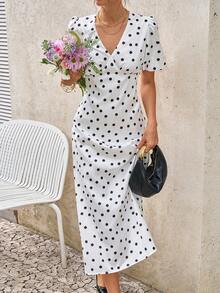 Cévolie Women's Polka Dot Print Deep V-Neck Puff Sleeve Fitted Midi Dress - White - View 6