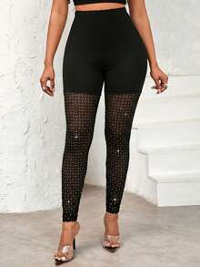 SHEIN Lady Women's High Waist Fitted Mesh Patchwork Leggings - Black - View 4