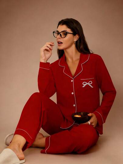 Lazeform 撞色滚边纯色领圣诞蝴蝶结刺绣口袋女士睡衣套装 红色睡衣套装 红色家居服 女士休闲服套装 红色睡衣套装 女士秋冬服装