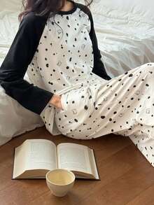 DAZY Cartoon Polka Dot Patchwork Contrast Color Raglan Sleeve Women Pajama Set - White - View 5