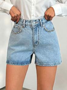 EURMUSE High Waist Front Pocket Detailed Denim Short - Medium Wash - View 1