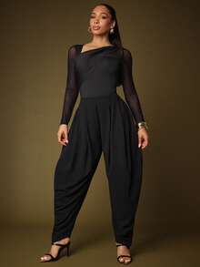 Vixey Solid Black Textured Jersey High Waist Pleated Harem Pants - Black - View 2