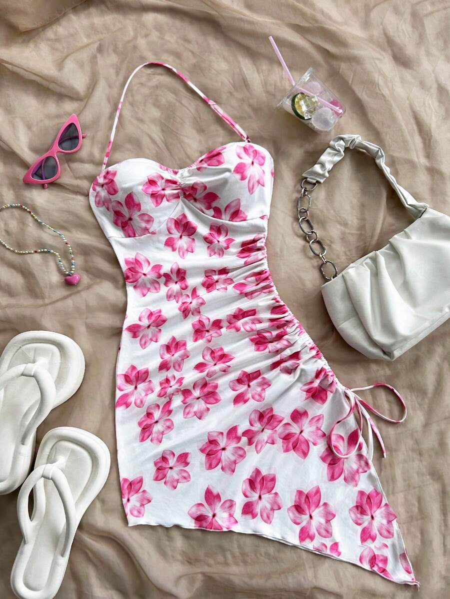 SHEIN Đầm midi ôm sát, kiểu dáng bất đối xứng, cổ yếm, in hoa, dành cho bé gái tuổi teen, thích hợp cho mùa xuân & hè, ngày Valentine, phong cách thanh lịch, màu hồng & trắng/cổ điển. - Hồng - Xem 1